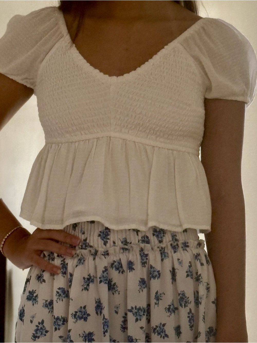 Hollister White Flowy Smocked Peplum Crop Top
